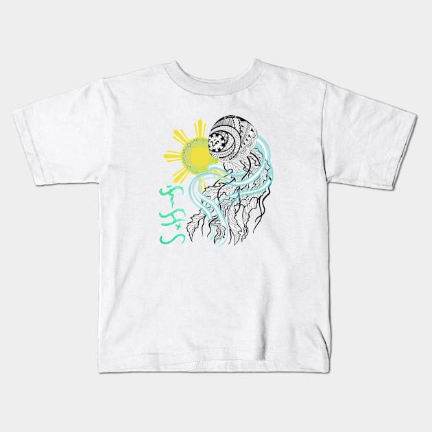 Tribal line Art Jellyfish / Baybayin word Likha (Creation) Kids T-Shirt by Pirma Pinas